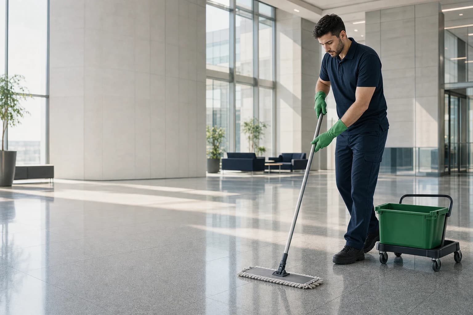 Janitorial worker mopping a bright office lobby