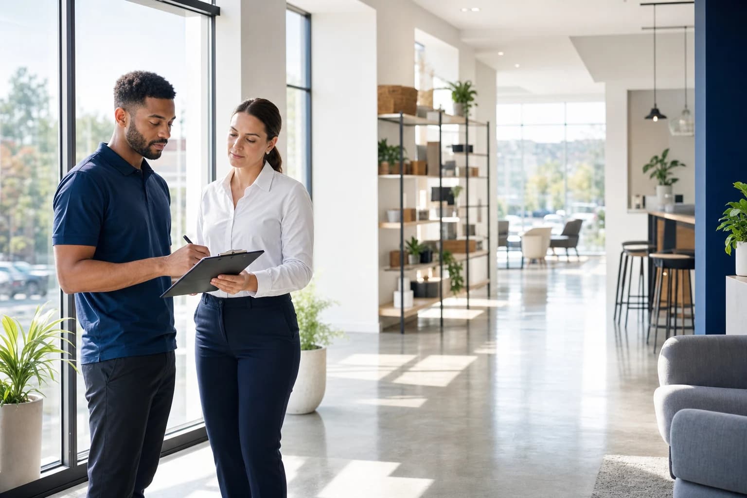 Business operators reviewing a cleaning checklist in a bright workspace